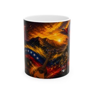 Patriotic Guitar Coffee Mug — American Flag Sunset Mountain Design (11oz, 15oz)